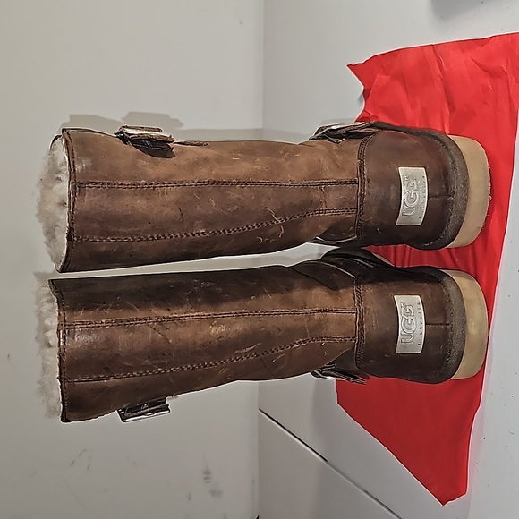 UGG Australia Kensington Toast Tall Shearling Boots Brown Leather Size 7 VGUC - Picture 6 of 16